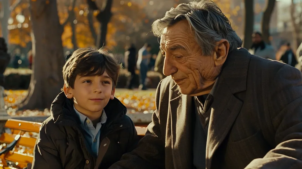 An older man with white hair and a gray coat sits next to a young boy wearing a dark jacket.  They are both looking at the camera with serious expressions.  A bright yellow bench is partially visible in the foreground, while a blurry background shows trees with golden leaves.