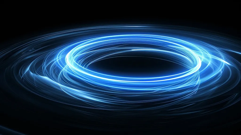 The image is a digital abstract. It features a bright blue ring of light, surrounded by other fainter rings of light, all against a black background. The rings create a sense of motion and energy, as if the light is swirling and expanding. The abstract design could represent a variety of ideas, such as the energy of the universe, the cycle of life, or the power of imagination.