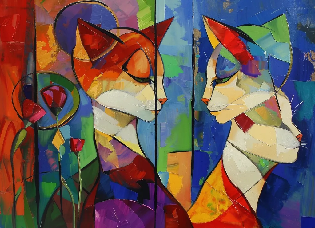 The painting depicts two cats, their profiles facing each other, separated by a vertical line.  The cat on the left is in a colorful setting, with red, yellow, blue, green, and purple hues.  The cat on the right is in a deep blue setting, with accents of gold, white, and green.  Both cats have striking, green eyes, and their fur is rendered in a cubist style, with sharp angles and bold colors.  The overall style of the painting is abstract and impressionistic, with the focus on color and shape rather than photorealism.