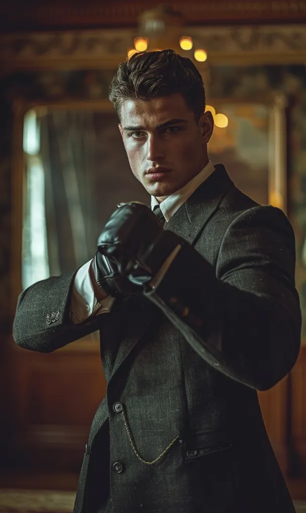 A man in a dark suit and leather gloves stands in a dimly lit room. The room has wooden walls and a large window. The man's face is serious, and he appears to be looking intently at something just out of the frame. He is wearing a watch chain on his vest. The lighting is dramatic, creating a sense of mystery and intrigue.