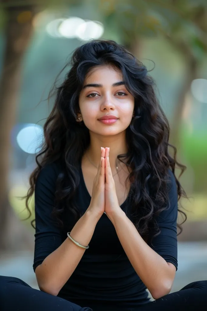 A young woman with long, dark hair is sitting with her hands clasped in front of her. She is wearing a black shirt and her eyes are closed in concentration. The background is blurred, suggesting an outdoor setting. The image evokes a sense of peace and tranquility.