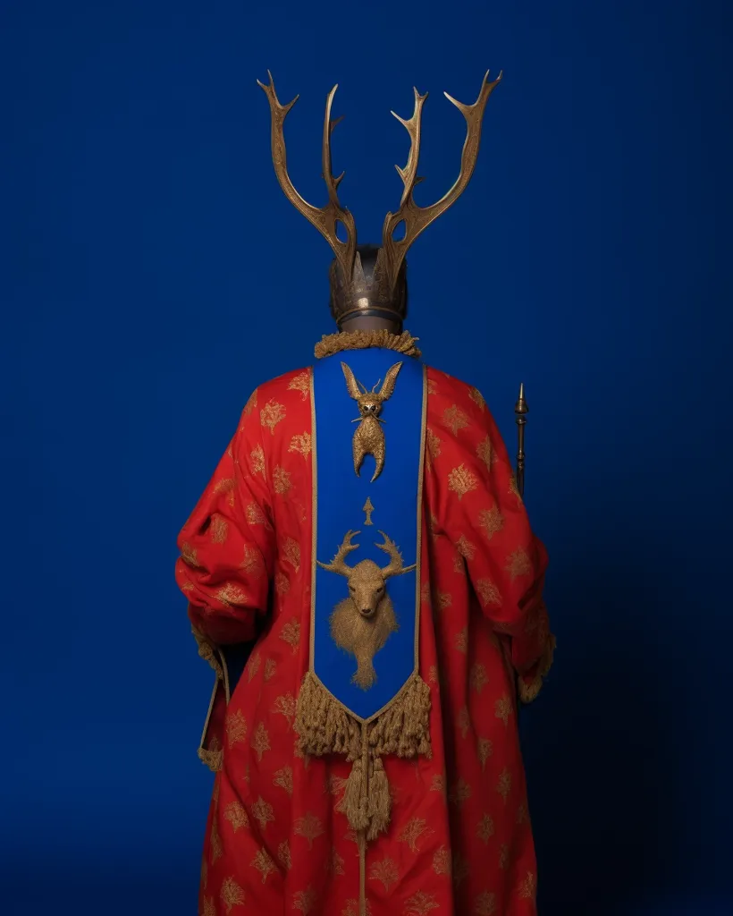 The image shows a person wearing a red and gold robe with a blue sash adorned with golden animal figures. The person's head is obscured by a large, golden deer antler headdress. The background is a solid, vibrant blue. The figure's back is turned to the viewer, creating an air of mystery and intrigue. The overall impression is one of regal and fantastical attire.