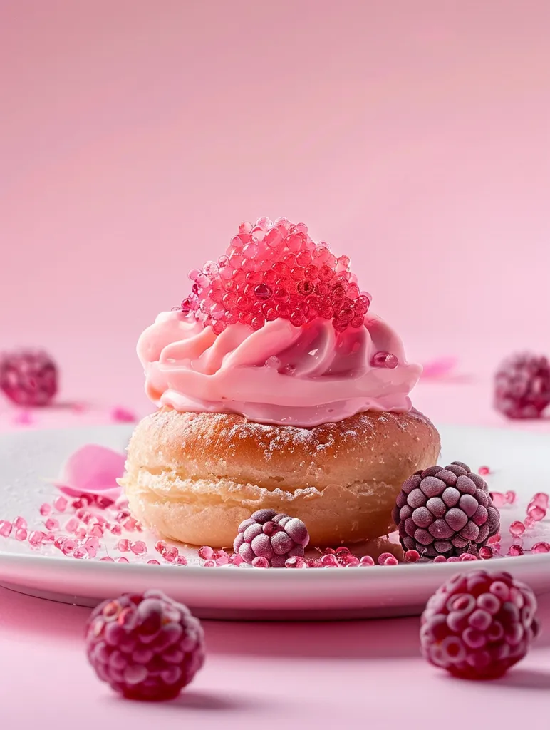 A delicate pastry with a pink frosting and a crown of pink pearls sits on a white plate. Surrounding it are scattered pink pearls and frozen raspberries, all against a pale pink backdrop. The scene is minimalist and elegant, with a soft, dreamy feel.