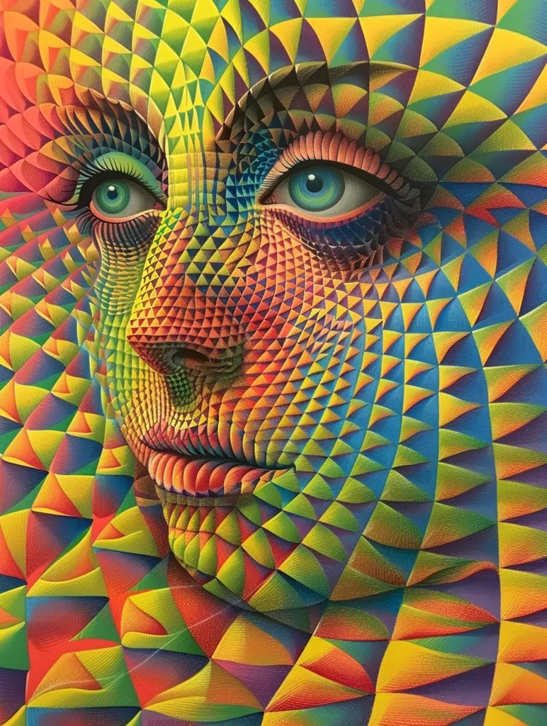 The image is a close-up of a face, rendered in a vibrant and psychedelic style. The face is composed entirely of overlapping triangles, creating a sense of depth and texture. The colors are rich and saturated, with hues of yellow, green, red, blue, and purple dominating the composition. The eyes are particularly striking, with large, dark pupils and a hypnotic swirl of color. The overall effect is mesmerizing and otherworldly, inviting the viewer to get lost in its intricate patterns and vibrant colors.