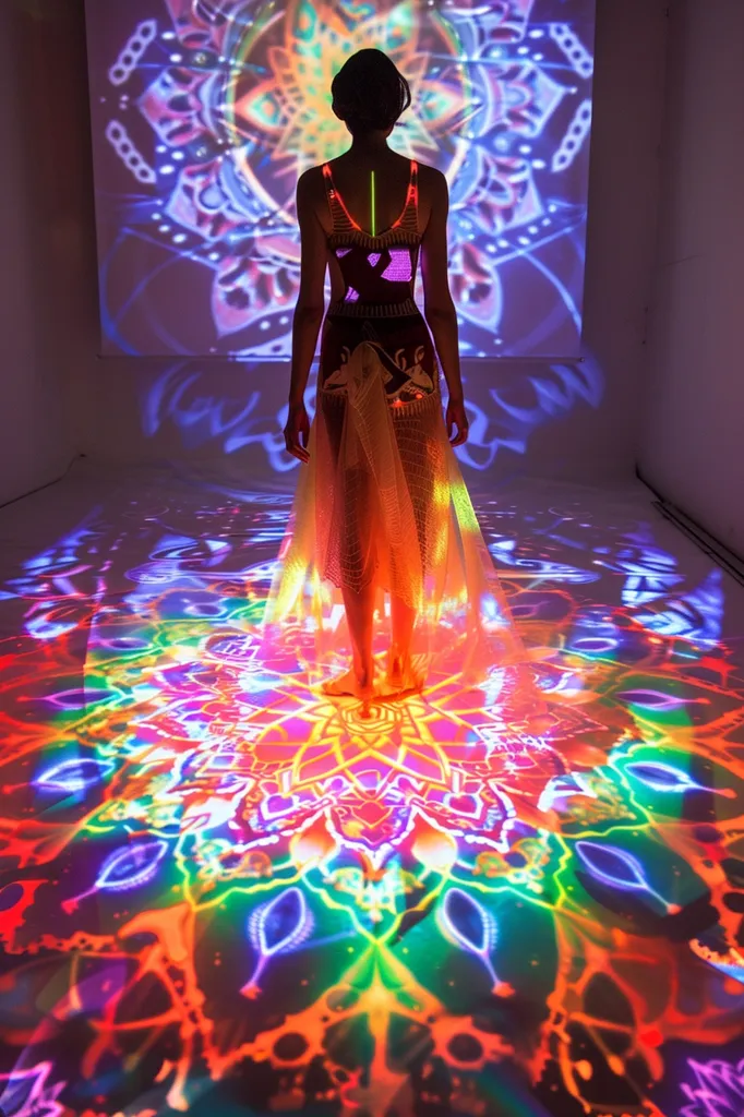 A woman in a flowing dress stands on a stage bathed in a colorful, projected mandala pattern. The stage is illuminated by the projection, creating a vibrant, hypnotic atmosphere. The woman's silhouette is visible against a wall with a similar, but fainter, projected mandala. The image evokes a sense of mystery, spirituality, and the transformative power of light and art.