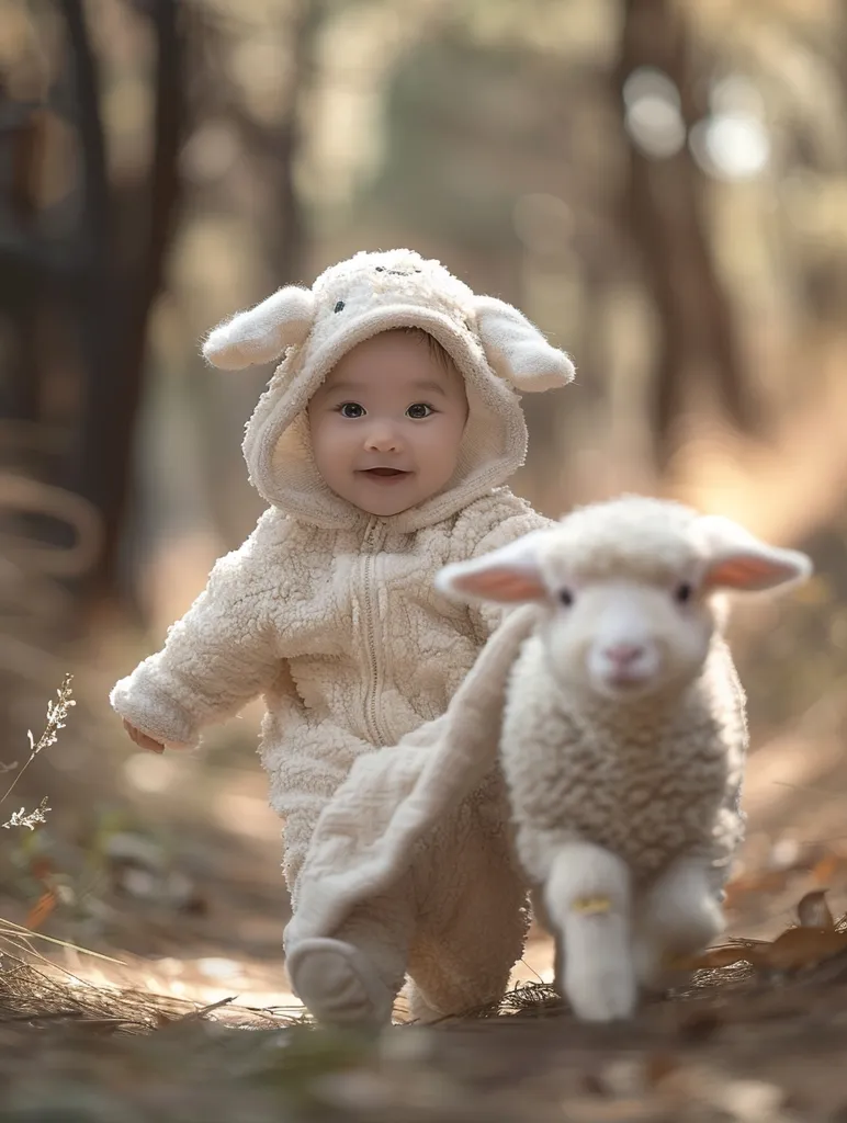 A baby dressed in a fluffy white sheep costume walks with a real lamb through a woodland setting. The baby's face is full of wonder and the lamb looks directly at the camera. The scene is filled with soft light and creates a whimsical and innocent atmosphere.