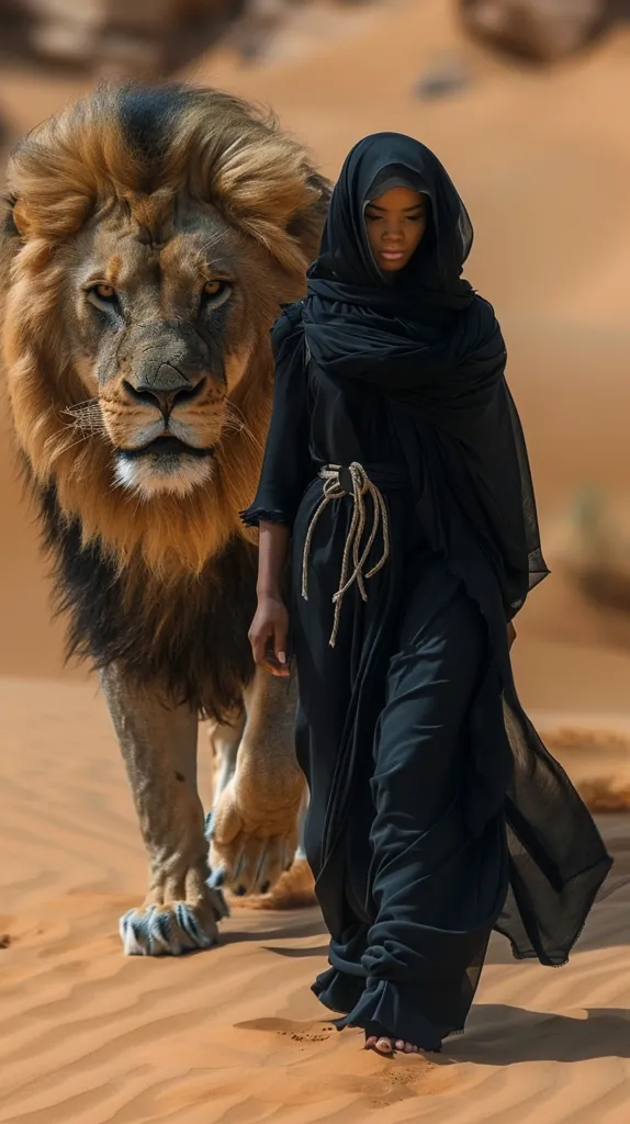 A woman in a black abaya walks in a desert, her bare feet sinking into the sand.  A majestic lion, with a thick mane, walks beside her. The lion's gaze is fixed forward, while the woman looks down at the ground. The scene suggests a powerful bond between human and beast.