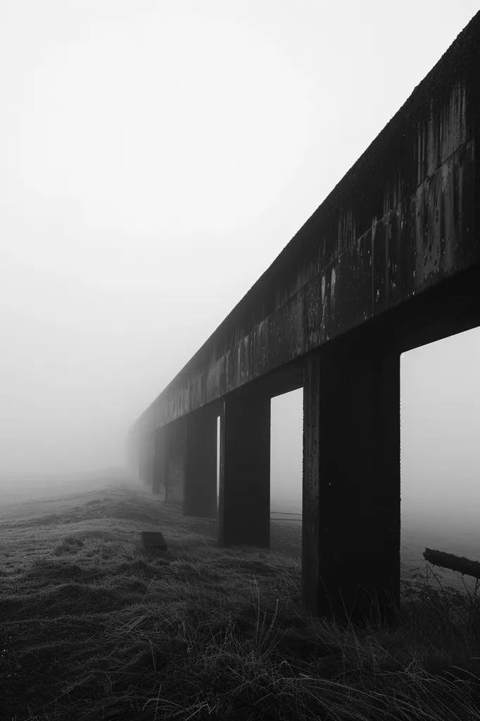 A long, concrete structure with pillars extends across a foggy landscape. The fog obscures the background, creating a sense of mystery and depth. The stark contrast between the dark concrete and the white fog highlights the architectural lines and creates a minimalist, atmospheric image.