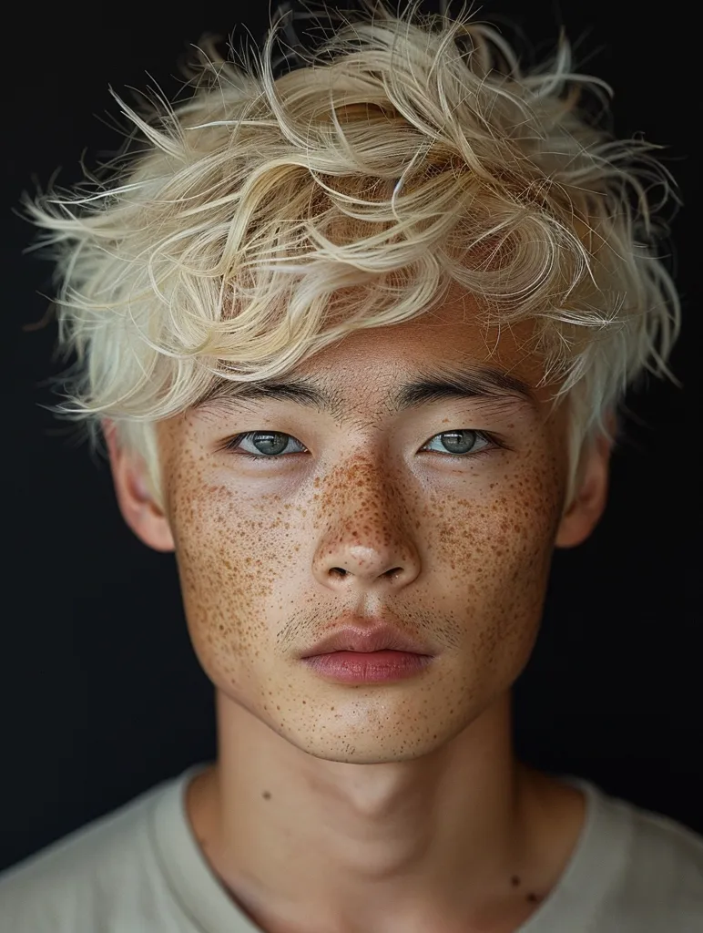 The image shows a young man with short, bleached blonde hair that is styled in a messy, textured look. He has a light complexion with freckles scattered across his face. He is wearing a plain, light-colored shirt. The background is a dark, blurred out-of-focus space. He is looking directly at the camera with a neutral expression. The overall mood of the image is one of calm introspection.