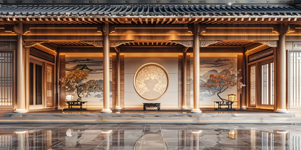 The image shows a traditional Japanese-style building with a wooden roof and intricate details. The building has large windows with wooden frames and is surrounded by a stone patio. There are two trees, both with delicate branches and leaves, on either side of the building. The walls of the building are decorated with traditional Japanese paintings. A circular window with a golden frame is in the center of the building. The overall impression is one of tranquility and beauty.