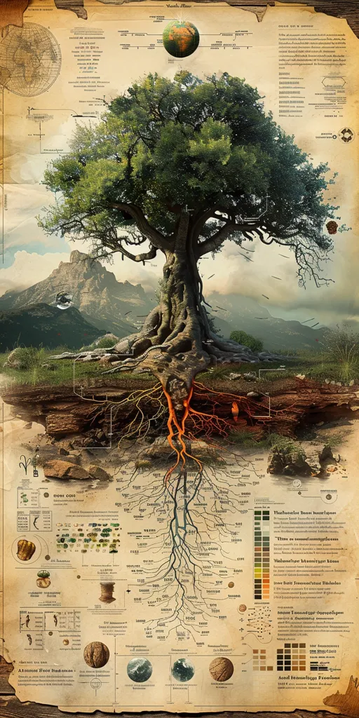 The image depicts a large tree with intricate roots that spread out into a detailed diagram. The tree is situated against a backdrop of a mountain range, with a small globe floating above it. The roots are labelled with names, suggesting they represent various parts of the world. The overall aesthetic is one of interconnectedness and the flow of information and resources. The image is set against an old, parchment-like background, adding to its sense of history and importance.