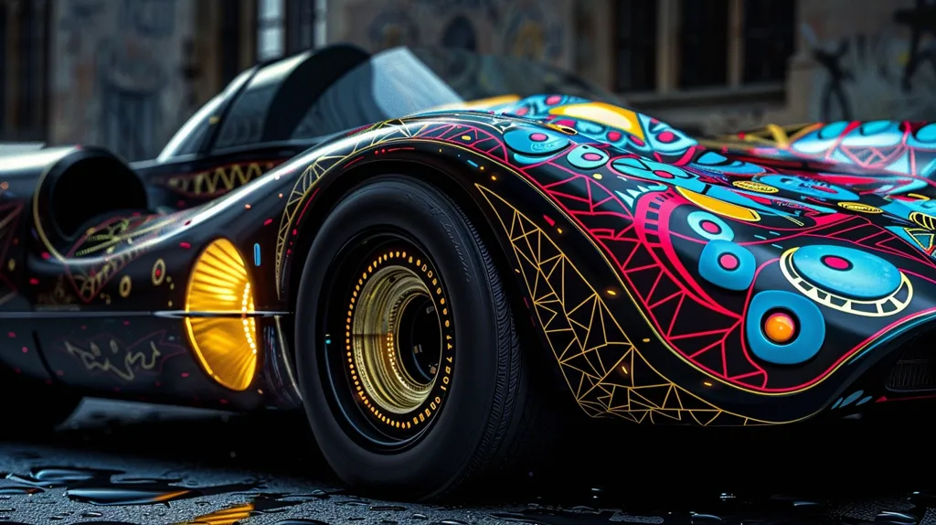 The image shows a close-up of a black race car. The car is decorated with a vibrant and colorful design featuring geometric shapes, circles, and lines in shades of yellow, red, blue, and black. The car is parked on a wet asphalt surface, and a blurred background suggests an urban environment. The image captures the detail of the car's unique paint job, highlighting its artistic and unconventional design.  The car's front tire is prominently displayed, showcasing its distinctive golden rim. The overall image exudes a sense of speed, style, and artistic expression.