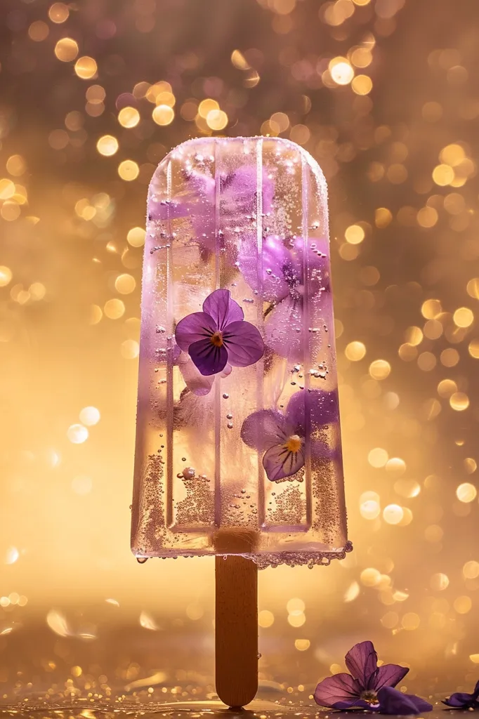 A popsicle with delicate purple flowers frozen inside sits on a wooden stick. The popsicle is clear, allowing the flowers to be seen perfectly. The background is a warm, golden bokeh, creating a whimsical and dreamy atmosphere. The image is a beautiful and unusual representation of summer and sweetness.
