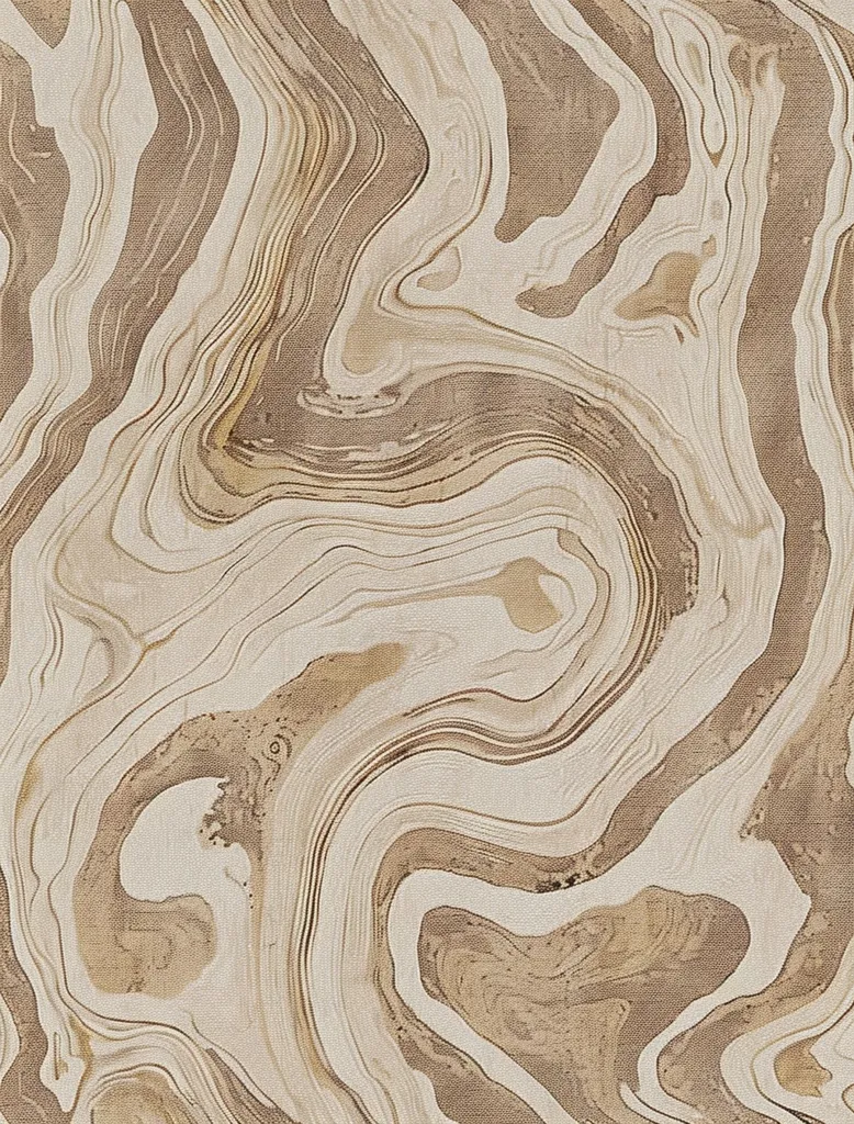 The image is a close-up of a marble surface, showcasing swirling patterns in shades of beige, brown, and white. The swirling veins create a dynamic and intricate texture, reminiscent of flowing water or a geological formation. The subtle variations in color and the depth of the marbling create a visually appealing and elegant aesthetic.