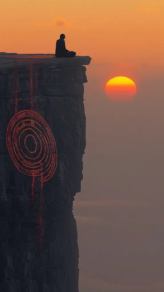 A lone figure sits in meditation on the edge of a cliff, silhouetted against a fiery orange sunset. A large, circular symbol is etched into the cliff face, seemingly glowing with an inner light. The figure appears to be meditating on the symbol, bathed in the golden light of the setting sun.  A flock of birds flies in formation across the sky.  The image conveys a sense of peace, serenity and spiritual connection.