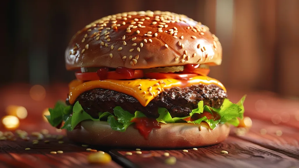 A juicy cheeseburger sits on a wooden table, its sesame seed bun glistening under the light. The burger is filled with a thick patty, melted cheese, crisp lettuce, tomato, and a pickle. Drizzles of ketchup add a vibrant touch, while a scattering of sesame seeds and blurry lights in the background create a tempting atmosphere. The burger is ready to be devoured, promising a delicious bite.