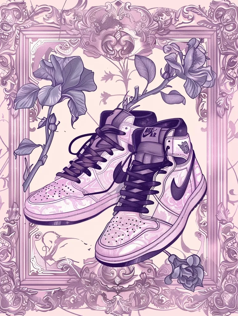 A pair of pink and purple Nike Air Jordan sneakers are featured in the image. They are positioned inside a decorative, ornate frame with a floral design, creating a visually interesting contrast between the sporty and the luxurious. The flowers are stylized in a modern, almost abstract way. The background is a soft, pastel pink, giving the image a dreamy and whimsical feel.