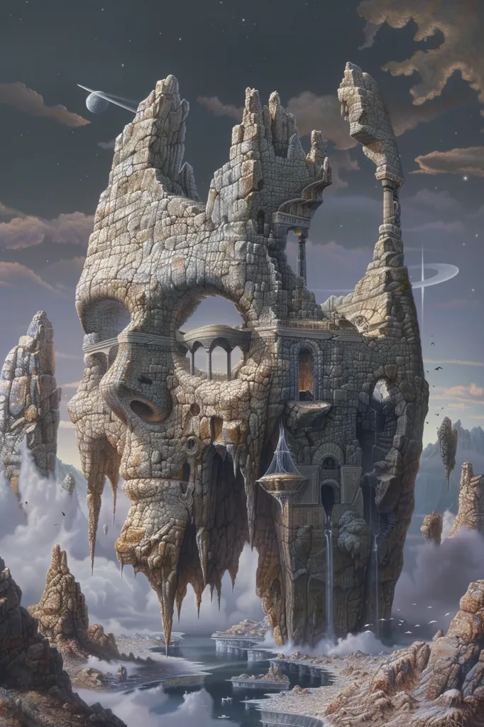 A large, weathered rock formation resembling a face with a crumbling castle built into it. The castle is a blend of stone and  ruins, with cascading water.  The entire scene is bathed in a hazy, ethereal light, suggesting a fantastical and otherworldly setting.