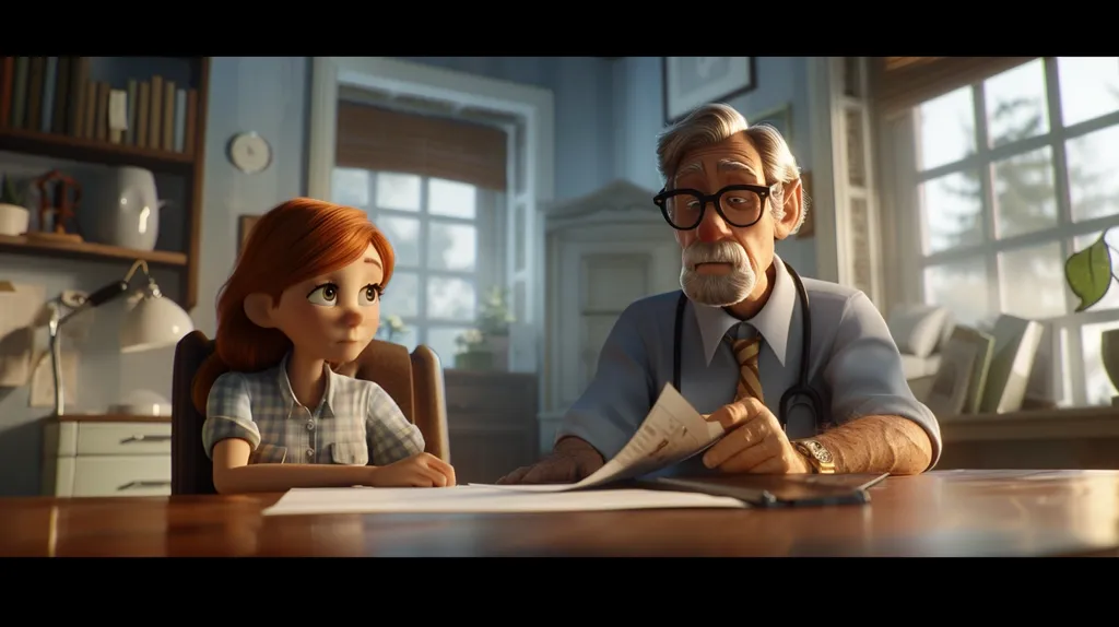 An older man, wearing a doctor's coat and a stethoscope, sits at a table with a young woman. The woman is sitting, looking at the older man with a slightly worried expression. The man is holding a piece of paper and looking down at it.  The scene is lit by natural light from a window behind the man.  The image appears to be from an animated film.