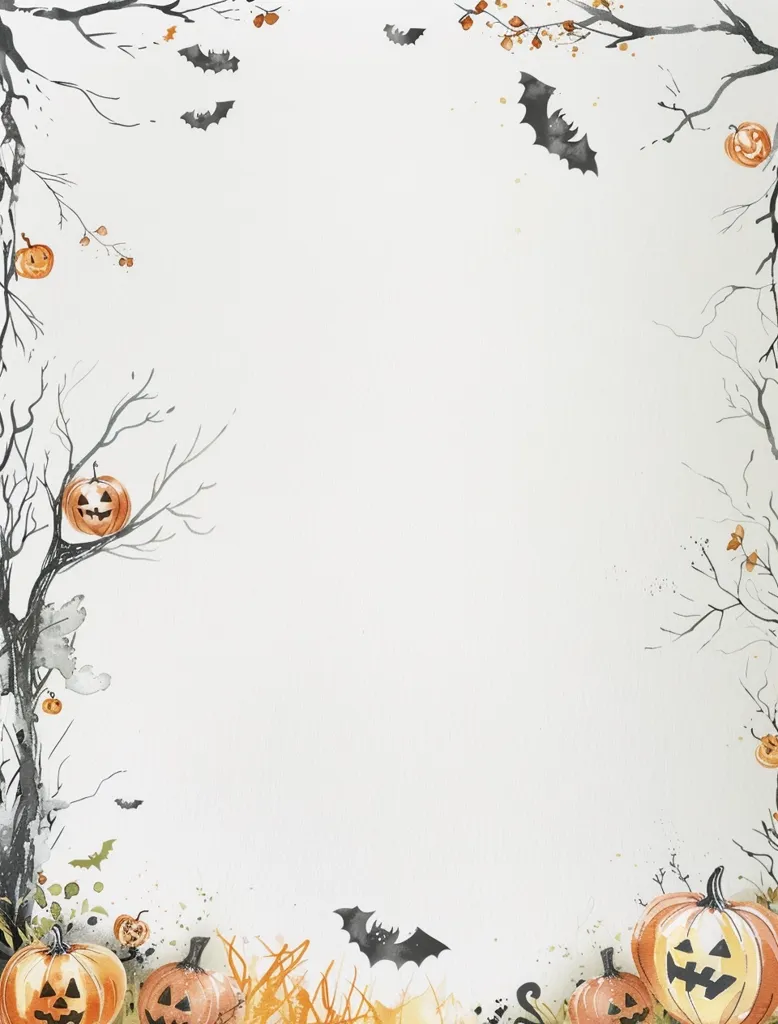 A watercolor illustration of a white background with Halloween decorations. The left and right sides of the illustration have bare branches with orange pumpkins with spooky faces and bats flying. There is a large open space in the center. The illustration is in a watercolor style with soft edges and a washed-out appearance.