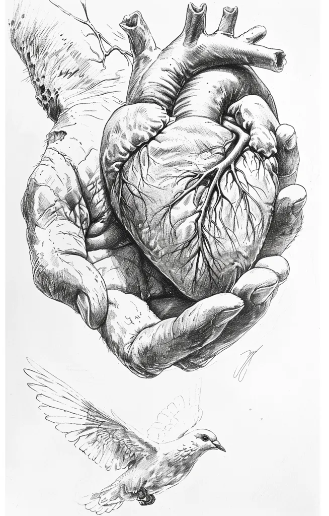 The image is a pencil drawing of a hand holding a human heart. The heart is detailed with veins and arteries. A dove is flying below the hand. The drawing is done in a realistic style. It appears to be a symbolic image that represents love, hope, and perhaps even sacrifice.