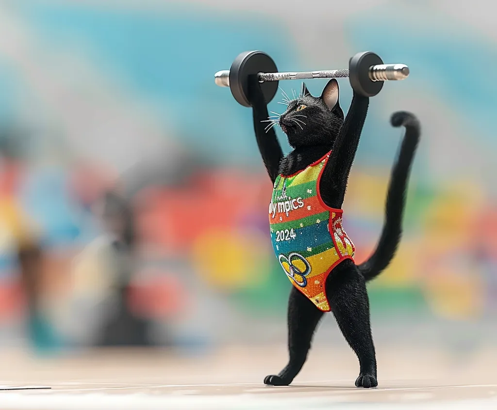 A black cat in a colorful leotard with "Olympics 2024" on it is lifting a barbell above its head. The cat has a determined look on its face as it struggles to lift the weight. The background is blurry, suggesting the cat is in an arena, possibly competing in the Olympics.  The image is humorous and whimsical, playing on the unlikely image of a cat participating in a human sport.