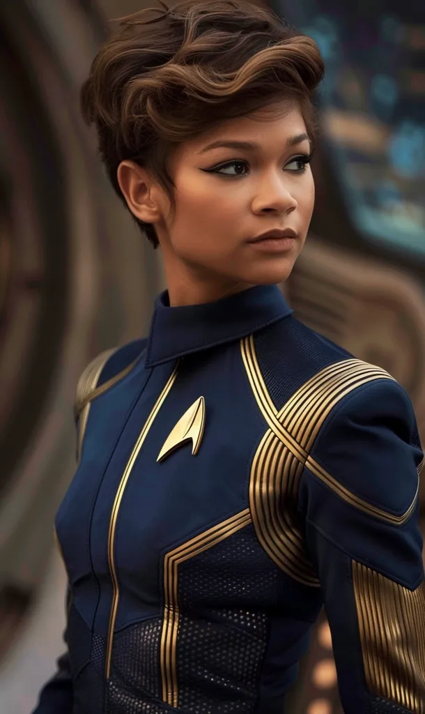 A woman with short, curly brown hair is wearing a dark blue uniform with gold trim. The uniform is a Starfleet uniform with a gold Starfleet insignia on the left side of the chest. The woman is looking off to the side with a serious expression on her face. The background is out of focus but appears to be a futuristic cityscape.