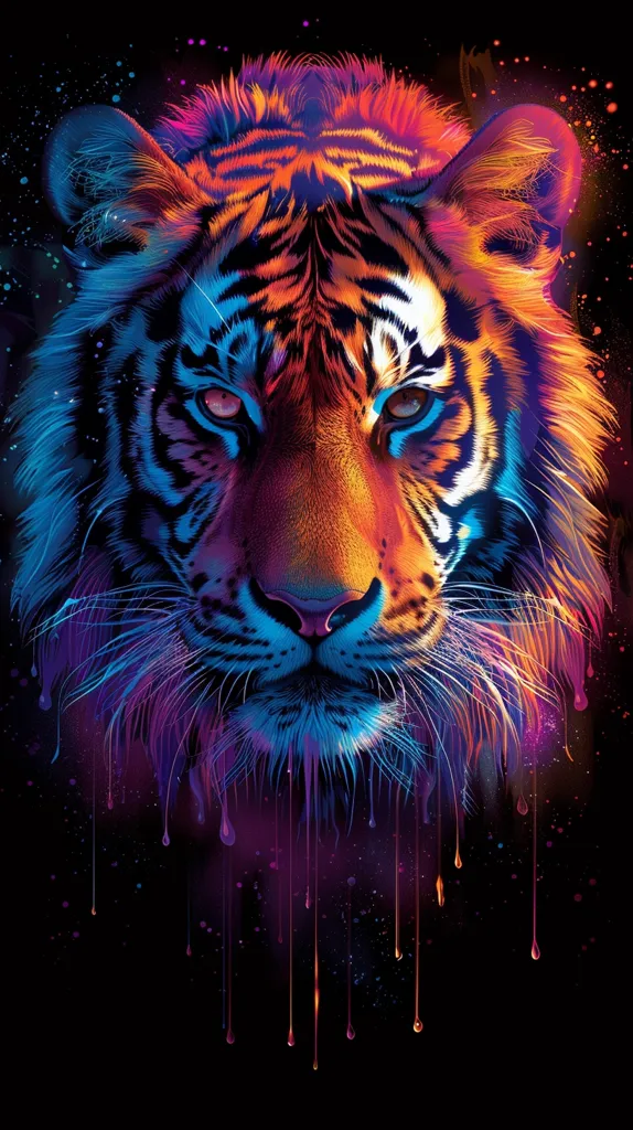 A close-up of a tiger's face rendered in a vibrant, abstract style. The tiger's fur is a mix of orange, yellow, and blue, and the background is a dark, starry sky. Paint drips from the tiger's fur, creating a sense of motion and energy. The image has a psychedelic and surreal quality.