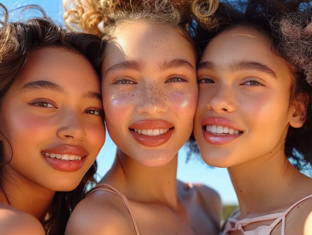 Three young women, with their faces close together, are smiling brightly. The woman in the middle has blonde hair and freckles, while the women on either side have dark hair. The image is bright and cheerful, highlighting the women's natural beauty and camaraderie.