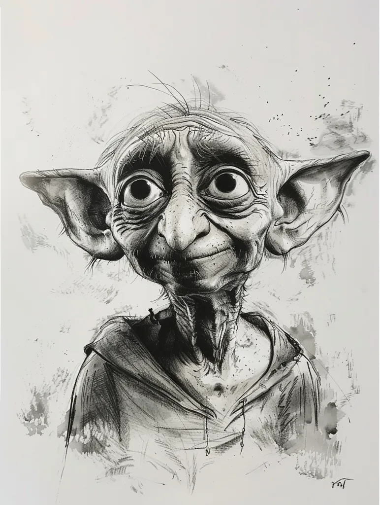 The image is a black and white drawing of a Dobby, a house-elf from the Harry Potter series. He has large ears, a wrinkled face, and is wearing a hooded garment. The drawing is detailed and realistic, with a focus on Dobby's expressive eyes and the texture of his skin. The background is a simple white with faint grey splatters. Dobby is looking up and smiling slightly.  The artist's signature is in the lower right corner.