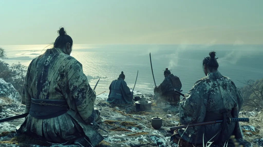 Four figures in traditional Japanese clothing sit on a rocky cliff overlooking the sea. They are all facing away from the viewer, with their backs to the camera. The figures are all wearing swords, and some have their hair pulled back in a bun. The scene is set in a calm and serene setting, with the sun setting over the horizon in the distance.  The image has a sense of mystery and contemplation.