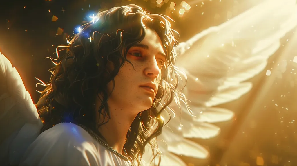 The image depicts a young person with long, dark hair, wearing a white robe and large, translucent wings.  They are looking off to the side with a thoughtful expression. The background is a warm, golden light, and there are sparkling particles around the subject, suggesting a magical or heavenly setting. The overall tone of the image is serene and ethereal.