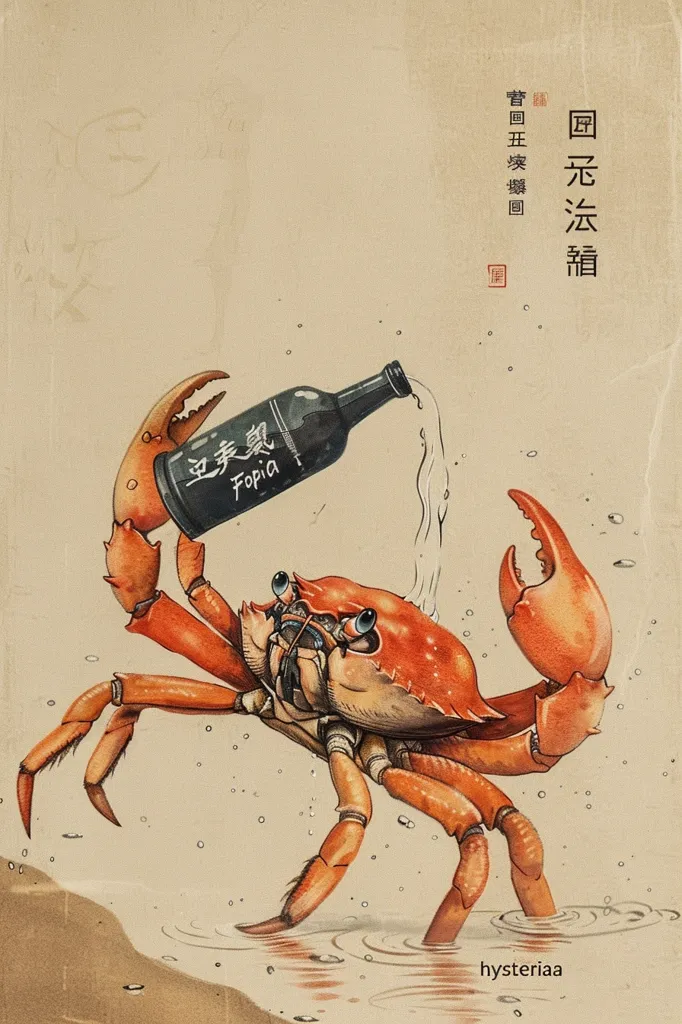 A crab with large, bright blue eyes holds a bottle of "Fopia" liquor in its claw, pouring the liquid into a small pool of water. The image is drawn in a cartoon style on a tan background with Japanese characters at the top. The crab appears to be enjoying its drink.