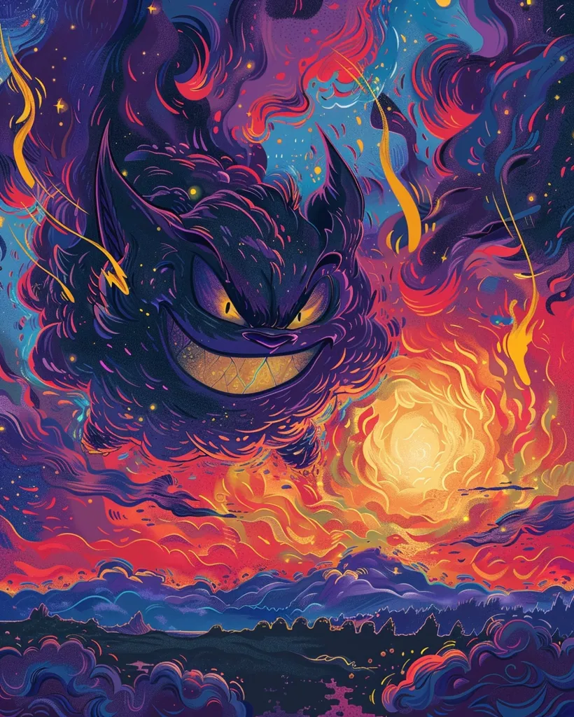 A menacing, shadowy creature with glowing eyes and a large grin hovers in a swirling sky of fiery orange, deep purple, and blue. The creature's form is reminiscent of a large cat or a demon, its face framed by wispy, smoke-like tendrils. Behind the creature, a bright yellow sun glows through the layers of clouds, casting a warm light on the distant, shadowy landscape below.  The image evokes a sense of both wonder and danger, as if the creature is both a harbinger of chaos and a powerful force of nature.