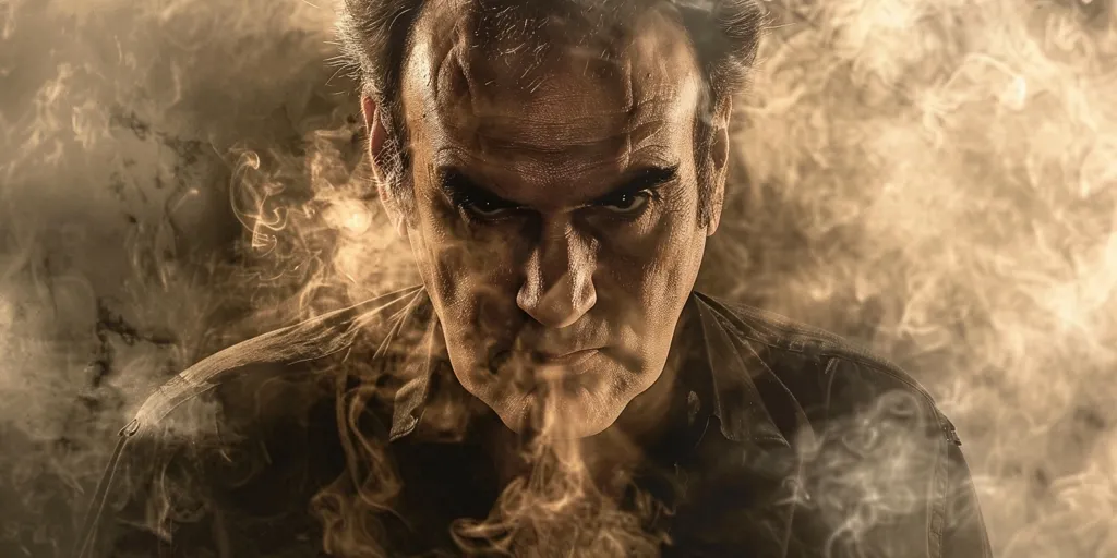 The image shows a man's face, framed by a dark jacket, engulfed in a swirling cloud of smoke. His furrowed brow and intense gaze suggest a sense of anger and aggression. The smoke, reminiscent of a fiery inferno, intensifies the dramatic mood, creating an enigmatic and potentially menacing aura.
