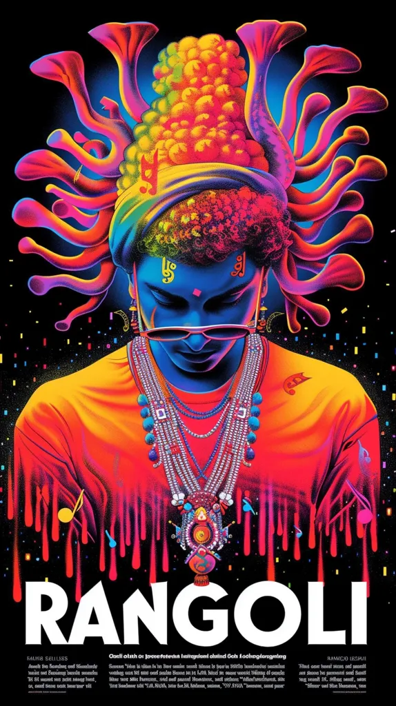 A vibrant and colorful poster features a man wearing sunglasses and a necklace, with a colorful, abstract, almost floral-like design covering his head. The poster is set against a black background with bright red and yellow dripping paint in the background, and the word "RANGOLI" written in white bold letters. The poster is visually striking and suggestive of Indian culture and art.