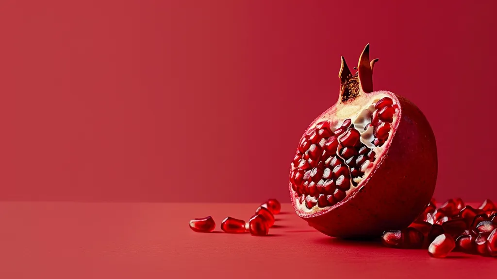 A half-eaten pomegranate lies on a bright red surface, its juicy, crimson seeds spilling out. The pomegranate's skin is a deep red, contrasting with the lighter red of the seeds. The background is a solid red, creating a vibrant and colorful image.