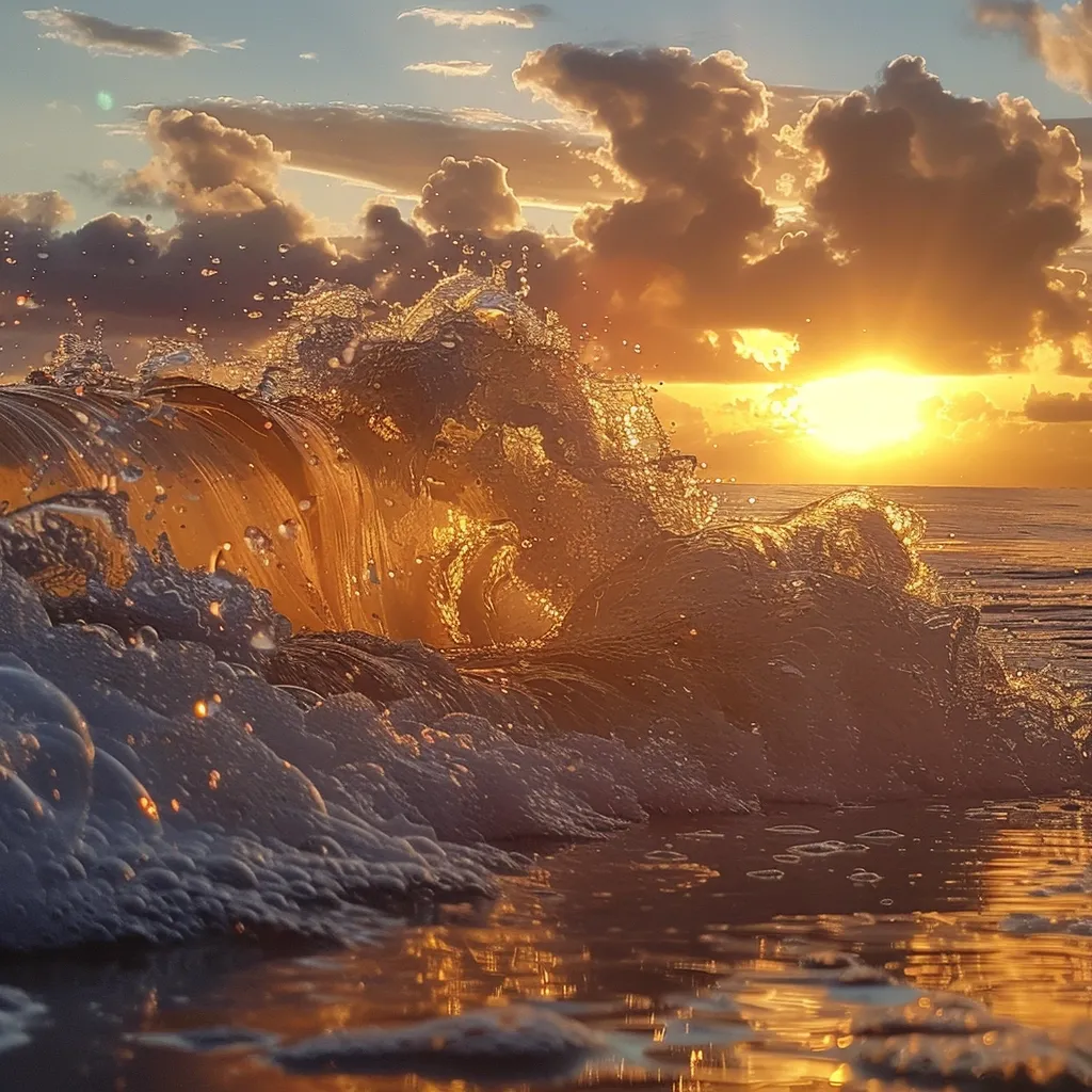 A wave crashes on a beach at sunrise. The golden light of the sun illuminates the water and creates a sparkling effect on the surface. The clouds in the sky are also illuminated by the sun, creating a beautiful and peaceful scene. The waves are breaking on the shore, creating a soft, rhythmic sound. The image captures the beauty and tranquility of the ocean at sunrise.