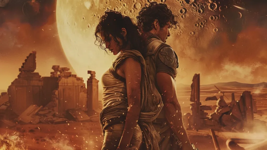 A man and woman stand back to back in a desert wasteland, a large, cratered moon in the background. The woman has long, dark hair and is wearing a tattered white garment. The man has short, dark hair and is wearing a brown, armored vest. They are surrounded by the ruins of a crumbling city. The scene is filled with dust and debris.  The image evokes a sense of desolation and hopelessness.  The man and woman look like survivors of a cataclysmic event.