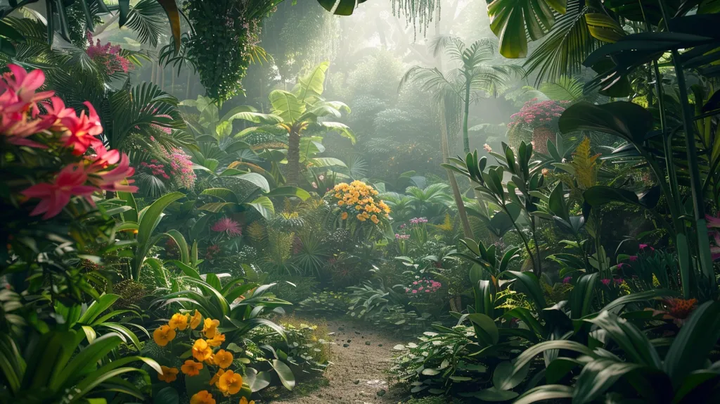 A lush, tropical jungle scene with vibrant green foliage, sunbeams filtering through the canopy, and a path leading into the depths. Pink and yellow flowers bloom amidst the greenery, creating a sense of vibrant life and mystery. The air is thick with humidity and the sounds of nature.