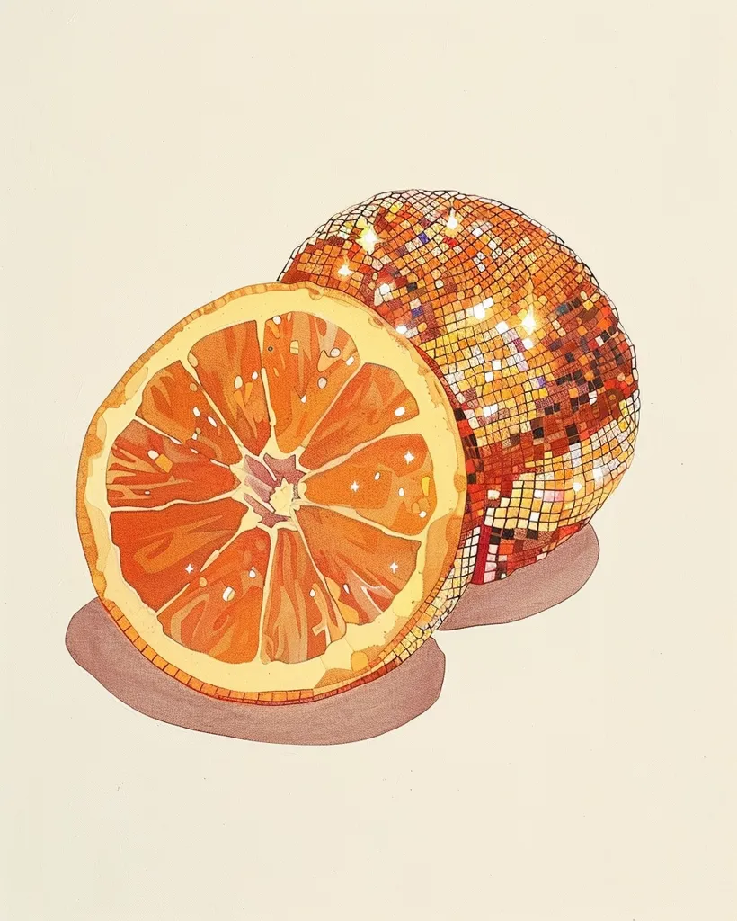 The image shows a sliced orange, with one half shown in its entirety and the other half covered in a mosaic of tiny gold squares, giving it a disco ball appearance. The image has a simple, minimalist style with a cream-colored background. The contrasting colors of the orange and gold add a sense of vibrancy to the image.  The image's use of a disco ball orange creates a playful and unexpected juxtaposition.