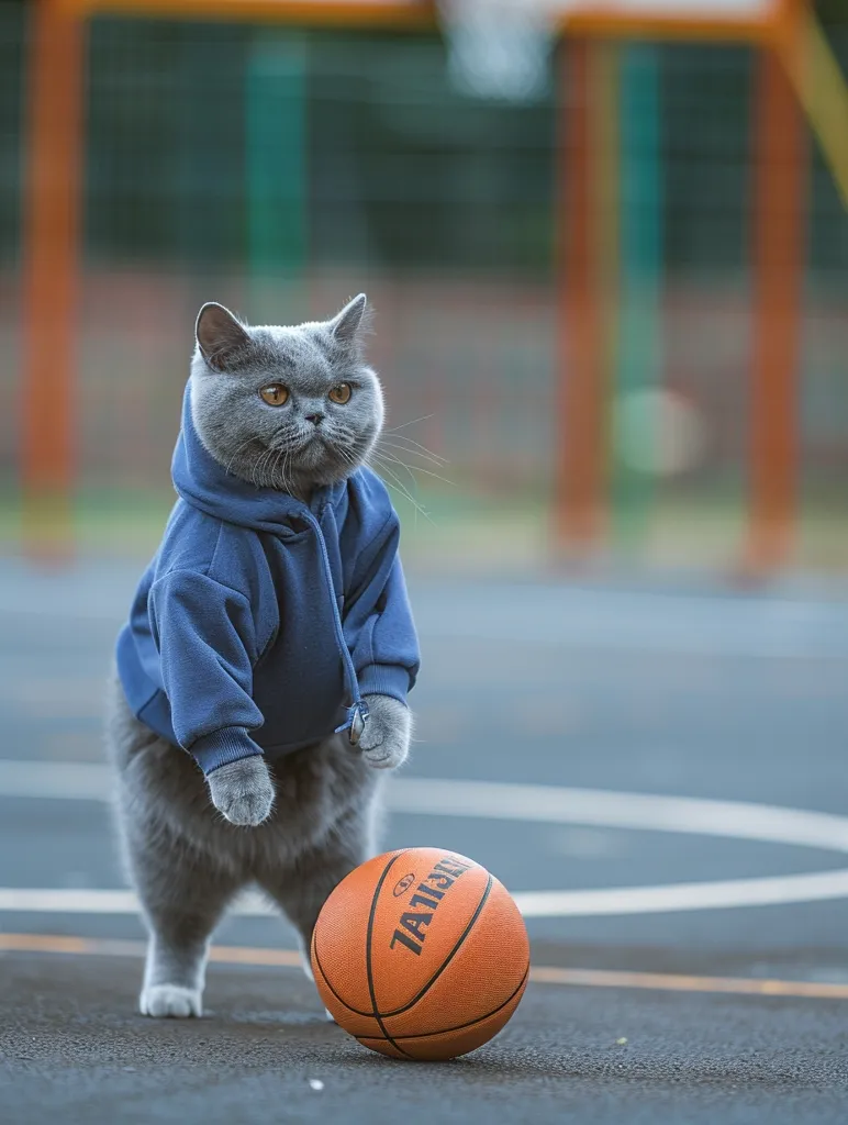 A grey cat wearing a blue hoodie stands on a basketball court, looking towards the left side of the frame. The cat has a serious expression on its face, and a basketball is resting on the court in front of it. The background is blurred, with a playground structure visible in the distance. The cat appears to be ready to play basketball.