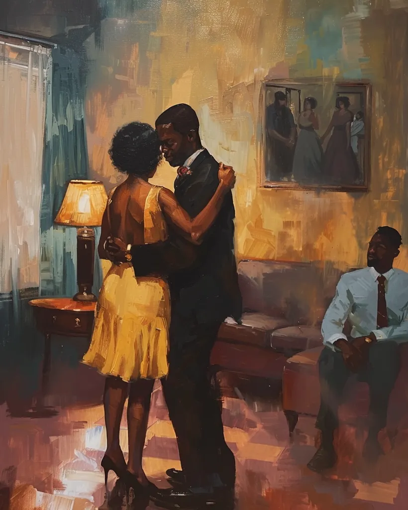 The painting depicts a couple dancing in a dimly lit room. The man is dressed in a suit and the woman in a yellow dress. They are in a close embrace, their eyes locked on each other.  A lamp casts a warm glow on the couple. In the background, a man sits on a couch, looking on. A framed picture of a couple dancing hangs on the wall, adding to the romantic atmosphere of the scene.  The painting evokes a sense of intimacy and joy.