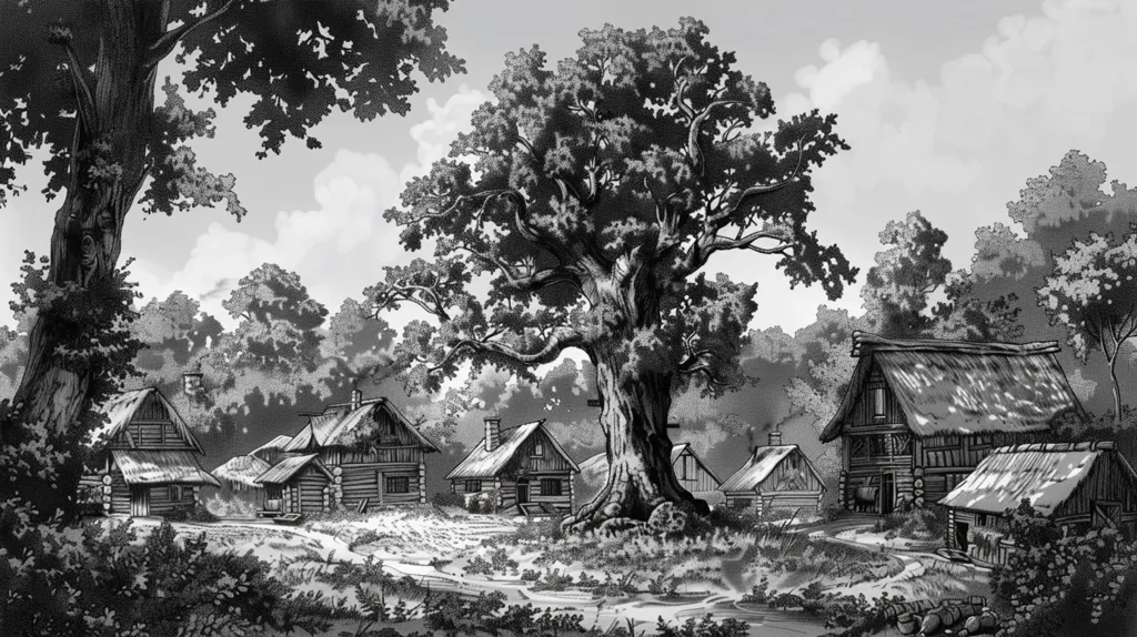 A black and white drawing of a small village nestled amongst the trees. A large oak tree stands tall in the center, its branches reaching out towards the sky. A few simple wooden houses with thatched roofs line a dirt path, suggesting a peaceful and rustic setting.  The village appears to be secluded and forgotten, with a sense of tranquility and solitude.  The drawing is done in a detailed and realistic style, capturing the texture of the wood and leaves.  The overall tone of the image is serene and nostalgic, evoking a sense of peace and simplicity.