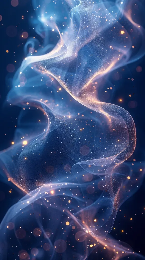 The image is an abstract, ethereal depiction of a blue and white nebula with streaks of light.  It looks like a hazy, shimmering cloud of gas and dust, scattered with twinkling golden sparkles. The image evokes a sense of wonder and mystery.