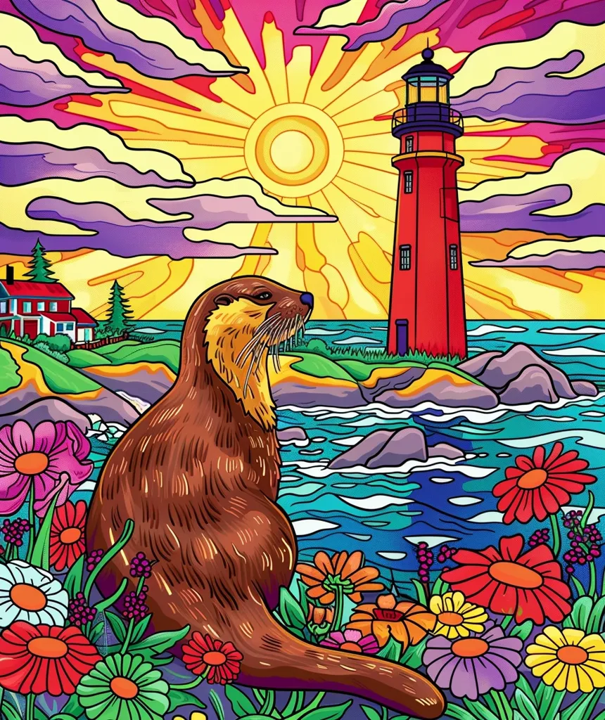 A cartoon otter sits on a rocky shore, looking towards a red lighthouse. The lighthouse stands tall against a bright, yellow sun, with colorful clouds in the sky. Flowers bloom in the foreground, adding to the vibrant colors of the image. The scene feels peaceful and whimsical.