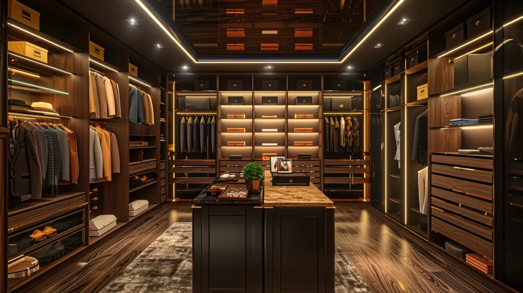 A luxurious walk-in closet with dark wood cabinets and shelves illuminated by warm lights. The closet is organized with suits, shirts, shoes, and accessories, creating a stylish and practical space for a discerning individual. The room features a center island with a sleek countertop, adding a touch of elegance to the space. The warm lighting and dark wood create a sophisticated and inviting atmosphere.