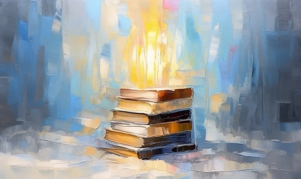 A stack of five books sit on a white surface, bathed in a warm yellow light. The books are mostly brown and black, and the light makes them glow. The background is a blurry blue, with shades of white and yellow, creating a soft, dreamy atmosphere. The painting is a study in contrast and depth, the light highlighting the books while the background adds a sense of mystery and quiet.  The painting is stylized in a loose, painterly way, with brushstrokes visible throughout.