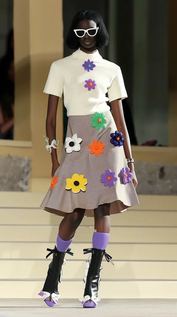 A female model walks the runway, wearing a white sweater adorned with colorful flower appliques and a brown skirt with various colorful flowers attached. She sports white sunglasses, purple socks, and black boots with white floral accents. Her short black hair frames her face. The background features a pale yellow wall with a soft focus. The model exudes confidence and style as she strides down the catwalk.