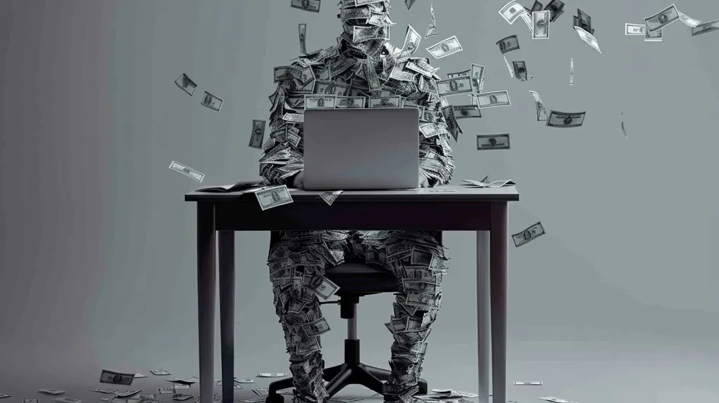 A person, completely covered in dollar bills, sits at a desk with a laptop. The room is empty except for the desk and chair. Dollar bills rain down from above, creating a chaotic and almost absurd scene. The image is in black and white, emphasizing the stark contrast between wealth and emptiness.